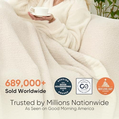 Snuggle Sac Buttery Ivory Throw Blanket for Couch, Reversible Super