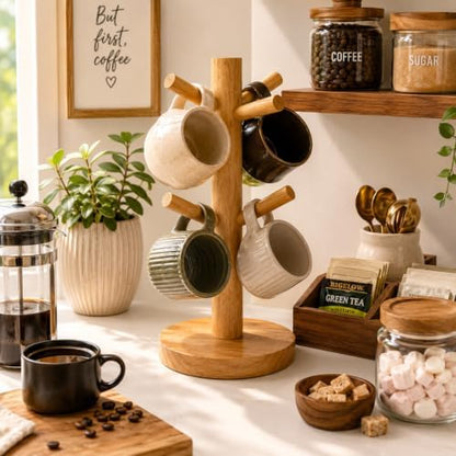 Wooden Mug Tree Stand for Countertop, Coffee Mug Holder Rack with 6