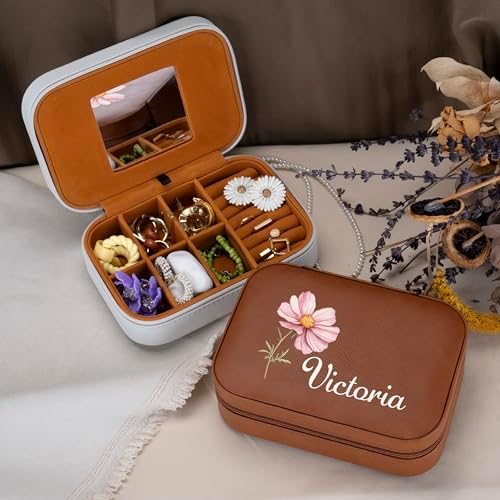 Custom Leather Jewelry Box with Name & Birth Flower Month, Birthday
