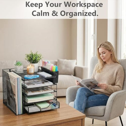 5-Tier Desk File Organizer with Drawer & Pen Holder (Black)