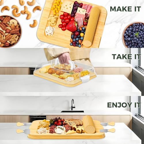 MinBoo Bamboo 2-in-1 Charcuterie Board with Lid,Travel Portable Bamboo