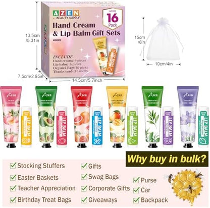 AZEN 16 Sets Bulk Gifts, Hand Cream and Lip Balm Bulk Set with Organza