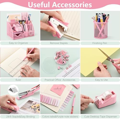 Fayoo 11 Pcs Pink Office Supplies Set Mesh Desk Organizer Accessories