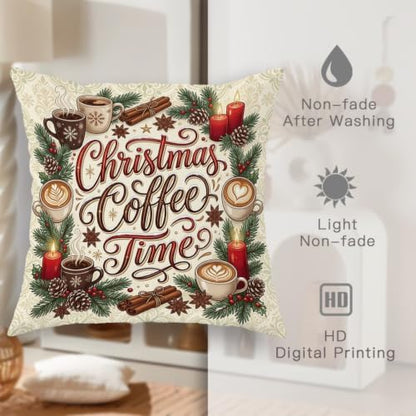 Christmas Coffee Time Quote Mug Throw Pillow Covers 12x12 Set of 2