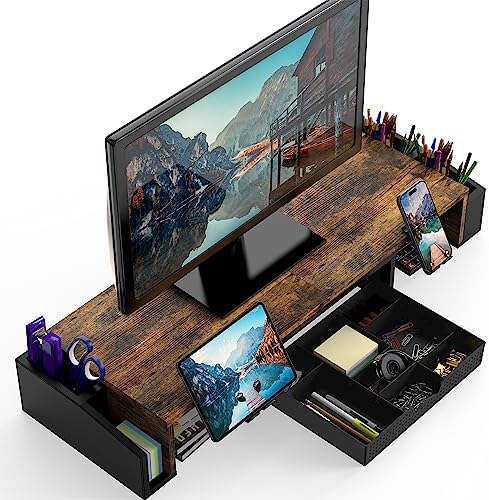 Simple Houseware Desk Dual Monitor Stand Riser with Drawer, Rustic