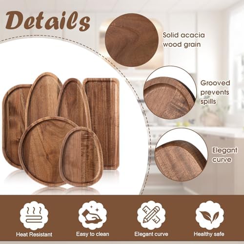 Rtteri 6 Pcs Acacia Wood Serving Platters for Charcuterie Cheese
