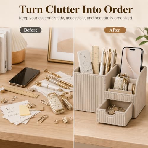 KINGFOM Luxury PU Leather Desk Organizer with Drawer, Modern Aesthetic