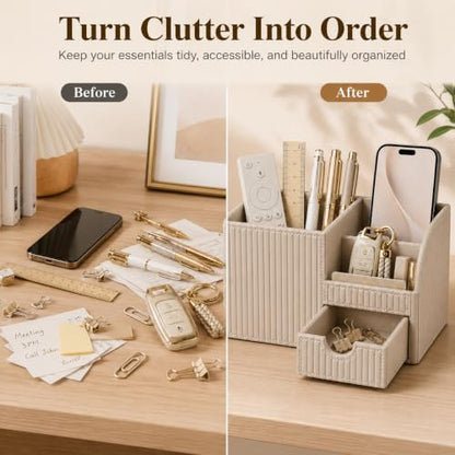 KINGFOM Luxury PU Leather Desk Organizer with Drawer, Modern Aesthetic