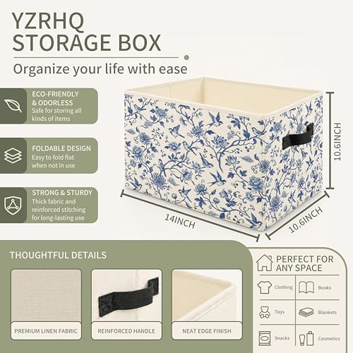 Chinoiserie Floral Bird Storage Bins with Handles, Blue and White