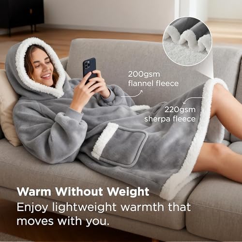 Bedsure Wearable Blanket Sherpa Hoodie Halloween Gifts, Grey, Standard