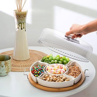 yarlung Ceramic Divided Serving Dishes Platter with Clear Lid, 11 Inch