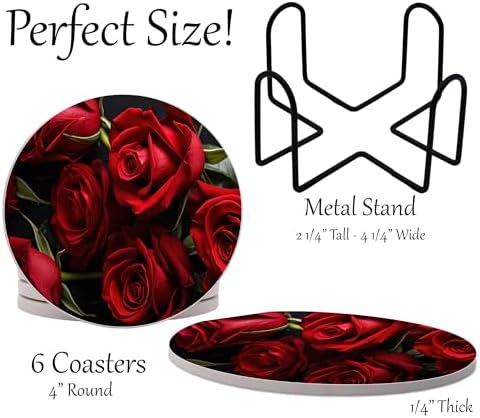 Red Roses Rose Round Coasters Set of 6 - Abosrbent Ceramic Coasters