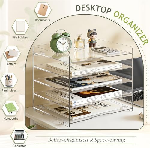 KKU 5 Tier Clear Acrylic Desk Organizer, Letter Tray Paper File Desk
