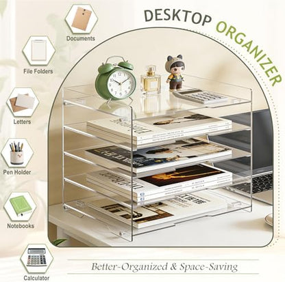 KKU 5 Tier Clear Acrylic Desk Organizer, Letter Tray Paper File Desk