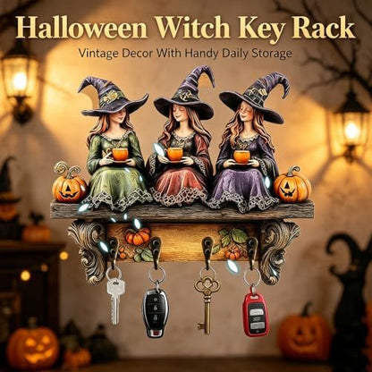 Halloween Witch Key Holder Wall Mount,2D Wooden Wall Decor with 4