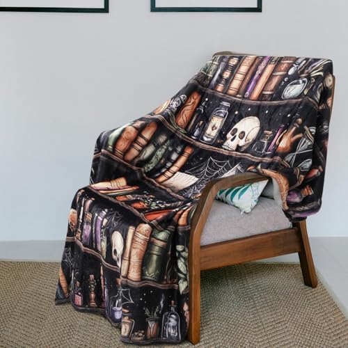 Halloween Skull Bookshelf Throw Blanket Soft Flannel Cozy Gothic