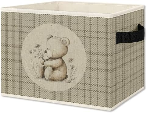 Bear Nursery Foldable Storage Bins Box with Handles, Neutral Gingham