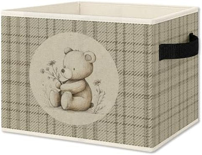 Bear Nursery Foldable Storage Bins Box with Handles, Neutral Gingham