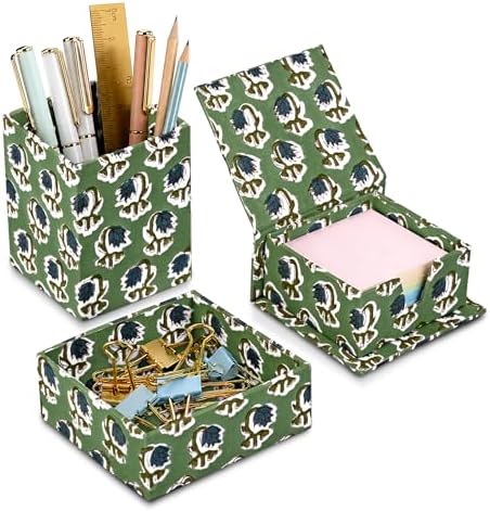 Ridhi Basil Green Block Print Desk Organizer Pen & Notepad Holder