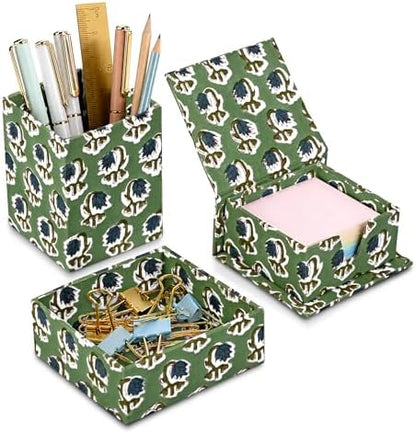 Ridhi Basil Green Block Print Desk Organizer Pen & Notepad Holder