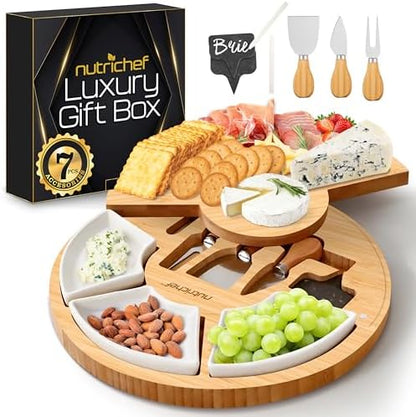 NutriChef Bamboo Natural Cheese Board Set with Bonus Condiment
