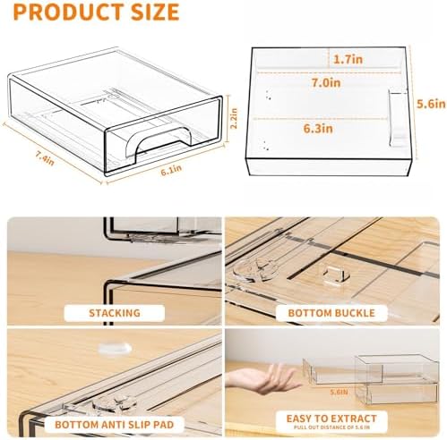 Yieach 4 Pack Small Clear Stackable Storage Drawers,2.2'' Tall Desk