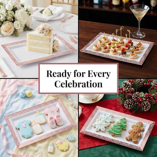 Yumchikel-Plastic Serving Tray & Platter Set (4pk) White & Rose Gold