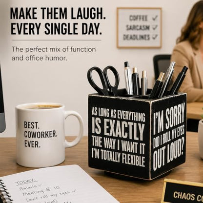 Outus Wooden Rotating Pen Holder Funny Quote Desk Organizer,Black