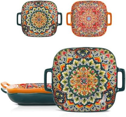 Ceramic Serving Platter with Handles, Set of 2, Bohemian Ceramic