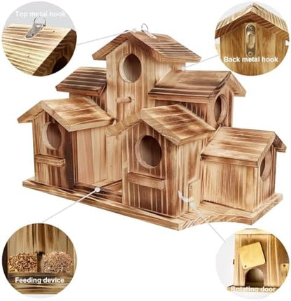 Wooden Bird House for Outside, 7-Compartment Large Birdhouse Castle