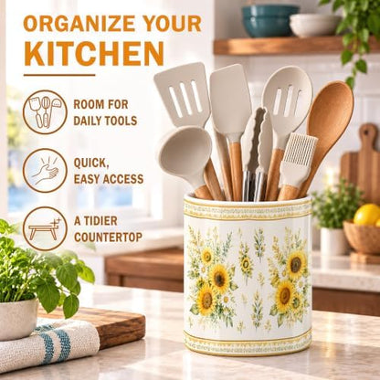 Yellow Sunflower Garden Ceramic Kitchen Utensil Holder 6.3"