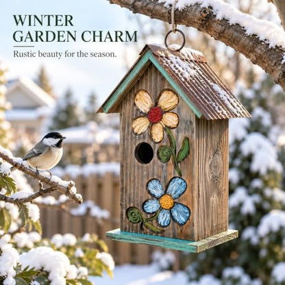 Topadorn Hanging Bird House for Outside, 11" Hand-Painted Wooden