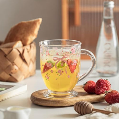 KEMORELA Pink Bow Glass Coffee Mugs Set,Cute Tea Cup with Handle,Gifts