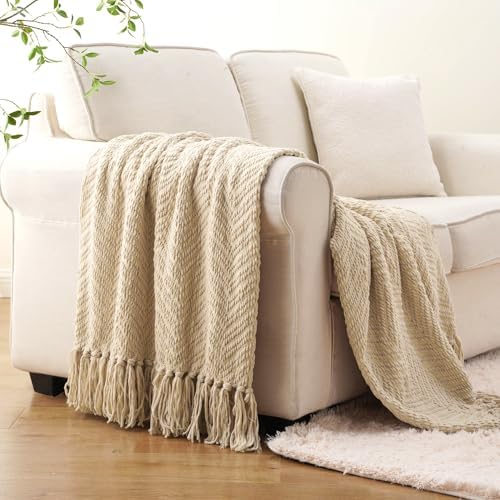 BATTILO HOME Beige Throw Blanket for Couch, Knitted Beige Throw for