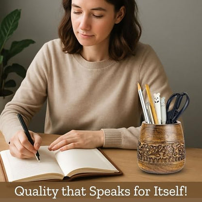 Mie Creations Rustic Pencil Holder, Wooden Pen Stand, Table Desk