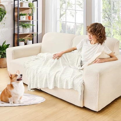 inhand Off White Knitted Throw Blanket for Couch and Bed, 50"x60"