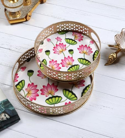 Two Moustaches Lotus Flowers Design Serving Trays Set