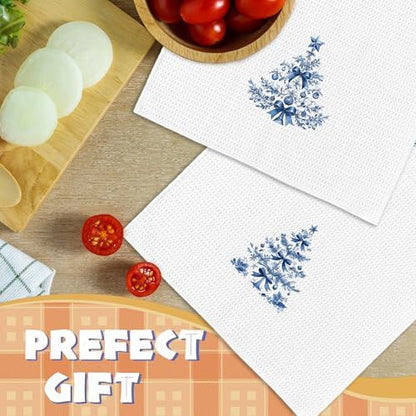 Chinoiserie Christmas Kitchen Towels Decor Set of 2 - Blue Christmas