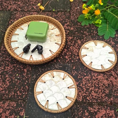 6" Mini Lazy Susan Turntable with 2 Rattan Coasters – Mother of Pearl