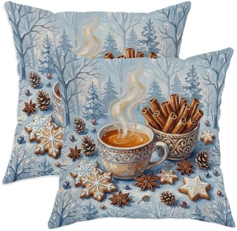 Winter Hot Cocoa Coffee Theme Christmas Throw Pillow Covers 12x12 Set
