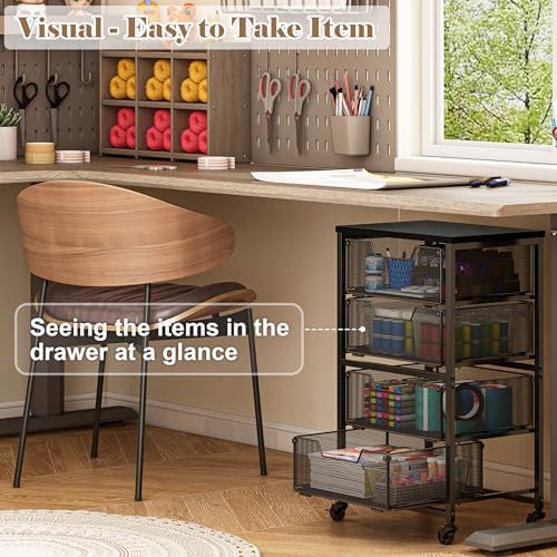 Rolling Cart with Drawers, 4-Drawer Storage Cart on Wheels with Wooden