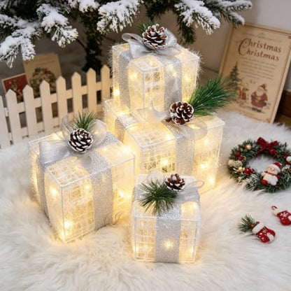 Hourleey Set of 4 Christmas Lighted Gift Boxes Warm White 70 LED