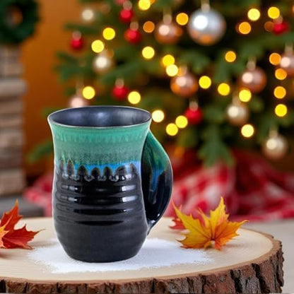 Reactive Glaze Ceramic Hand Warmer Mug, Forest Green/Black, 16 Oz