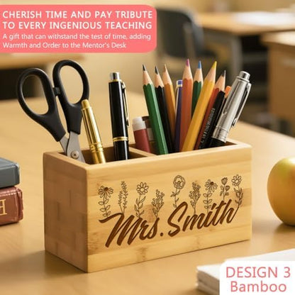 Teacher Appreciation Gifts, Personalized Pen Holder, Solid Wood Desk
