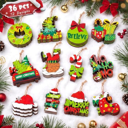 36 Pcs Christmas Ornaments for Tree, Hanging Wooden Christmas