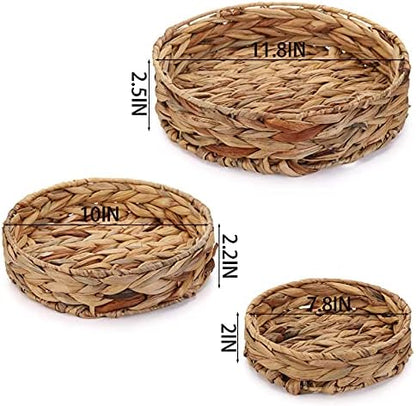Cedilis Set of 3 Grass Round Fruit Tray, Hand Woven Coffee Table Tray