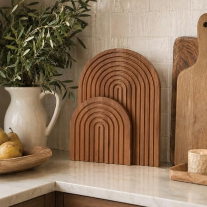 Chunful 2pcs Arch Cutting Board Boho Shelf Decor, Brown, Pine