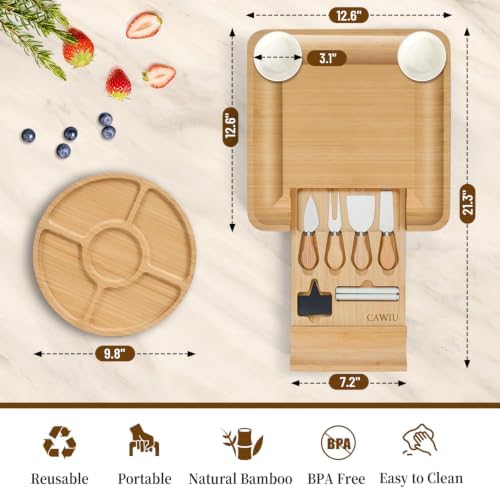 CAWIU Bamboo Charcuterie Board Set with Lid, Drawer and Fruit Tray
