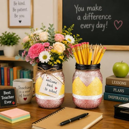 Funnymoom 2 Pcs 2026 Back to School Glitter Mason Jar, Pencil Apple