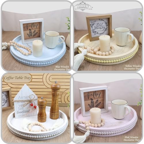 Round Wood Serving Tray with Beads, White Washed Wooden Decorative
